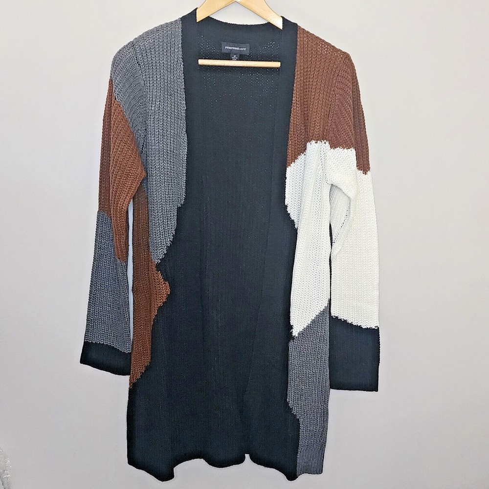 Fortune + Ivy Colorblock Cardigan Black Rust Grey Open Front Knit Womens Size M
